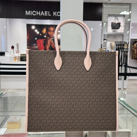 Michael Kors Mirella Large North South Tote Shoulder Bag MK Brown Pink - Picture 4 of 10